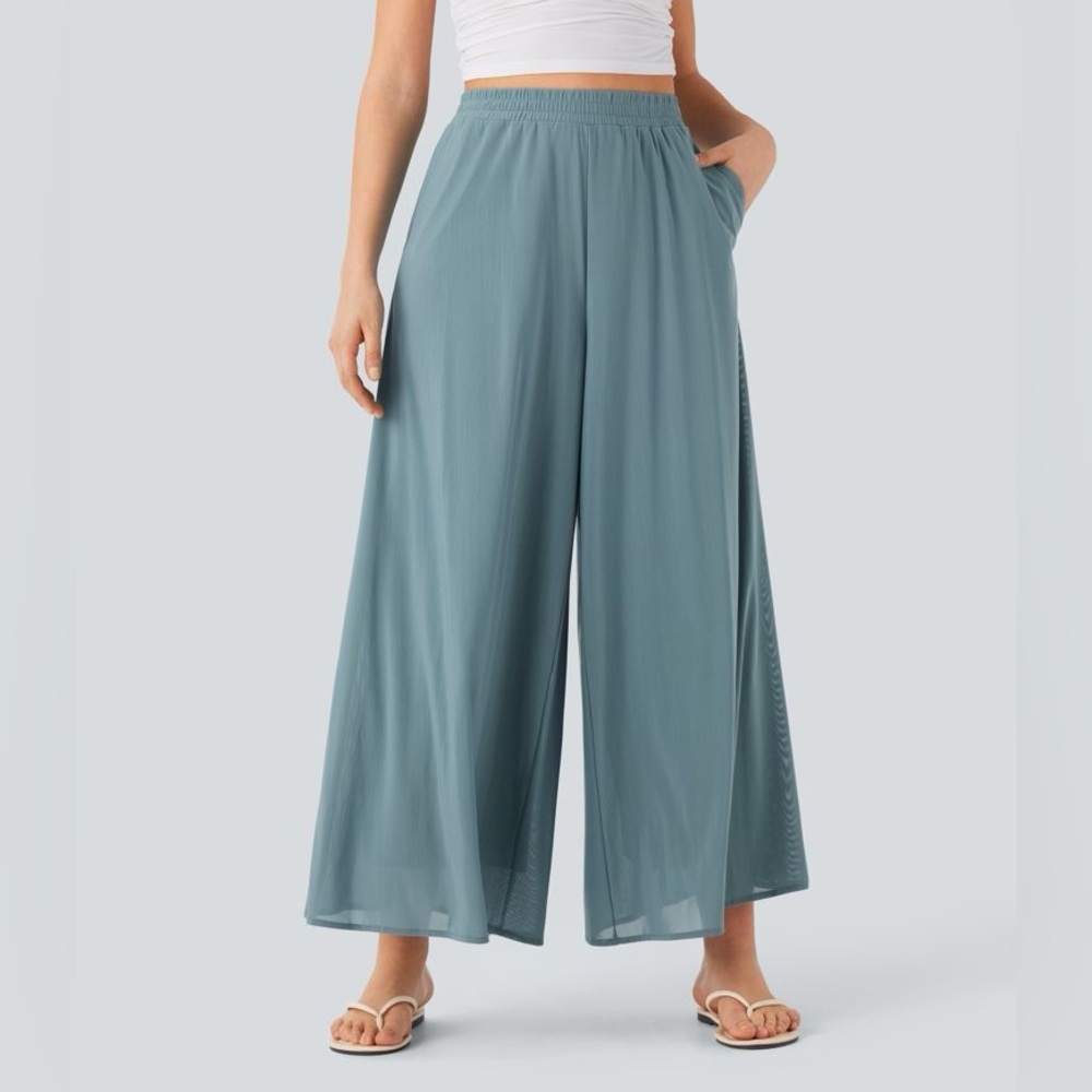 High Waist Pocket Mesh Overlay Wide Leg Casual Pants Medium - Picture 9 of 10